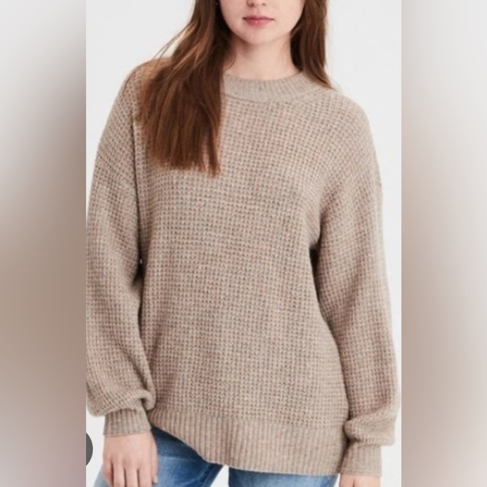 Aerie Cloudspun Waffle Womens M Flax Knit Crew Neck Long Sleeve Pullover Sweater